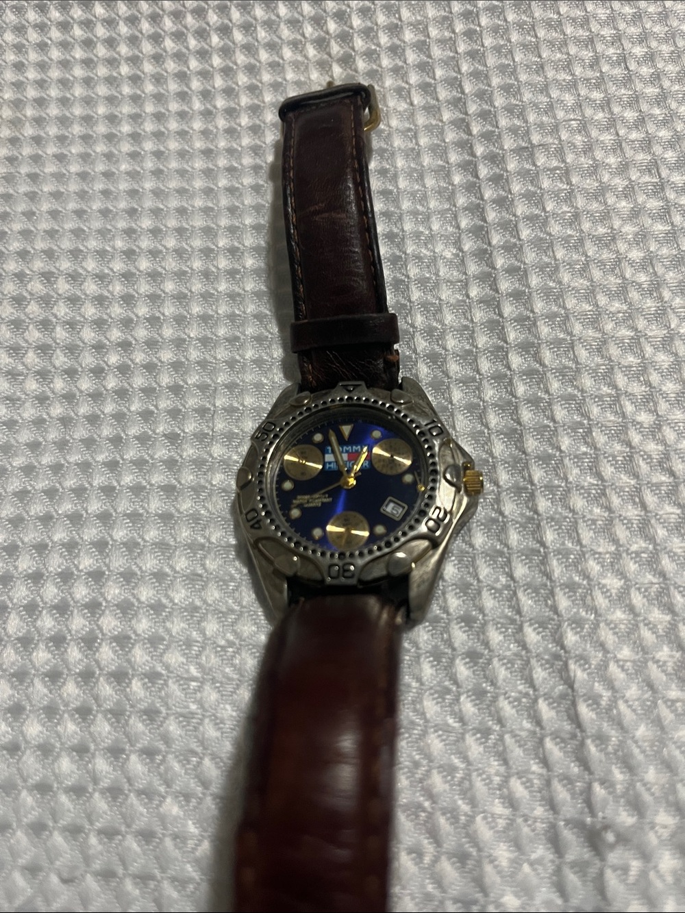 Tommy Hilfiger Brown Leather Strap Watch with Blue Dial and Gold Accents